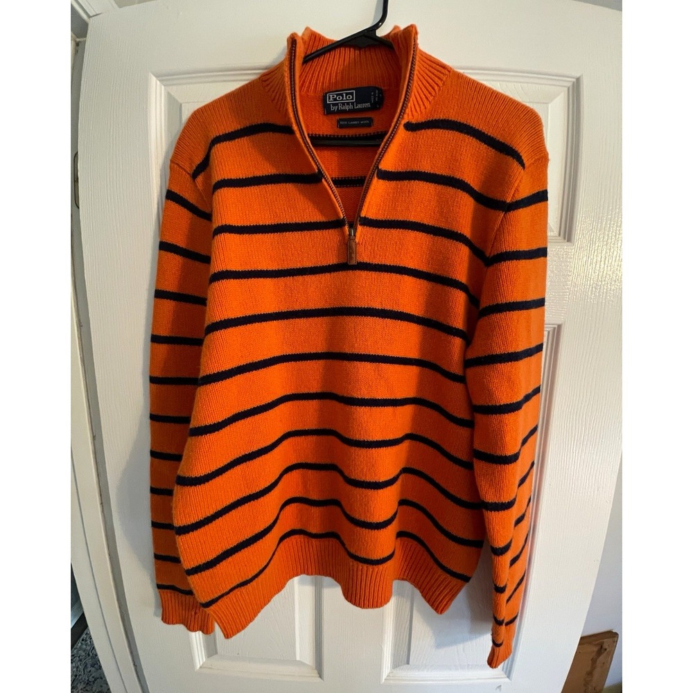 Polo Ralph Lauren Men's M Regular Orange Navy Striped 1/4 Zip Knit Sweater